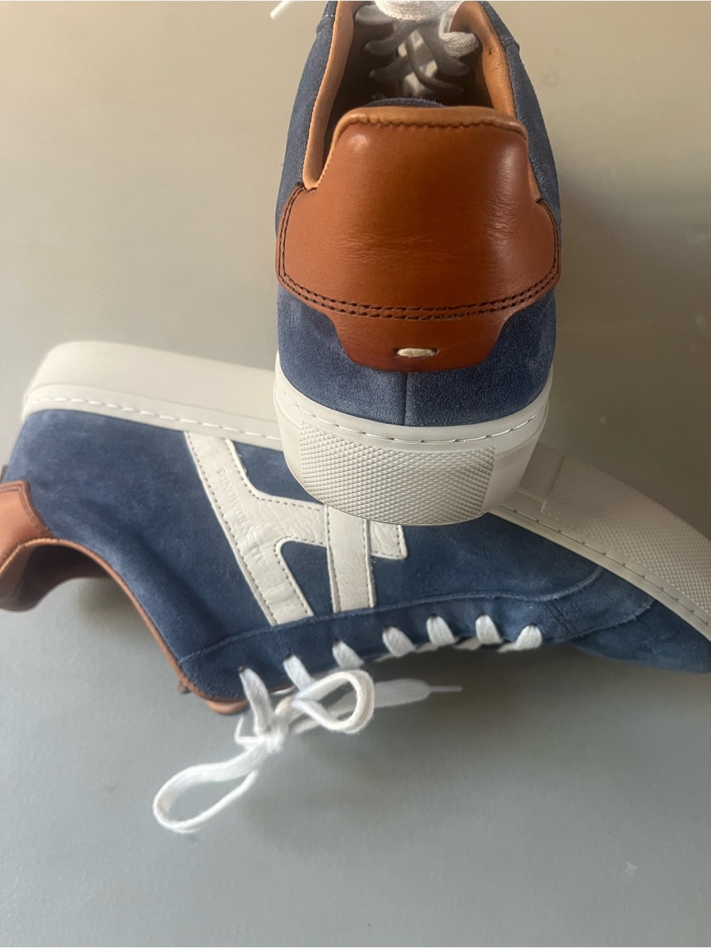 Allen Edmonds Navy Suede Sneakers with White Accents and Tan Lining - Picture 5 of 12